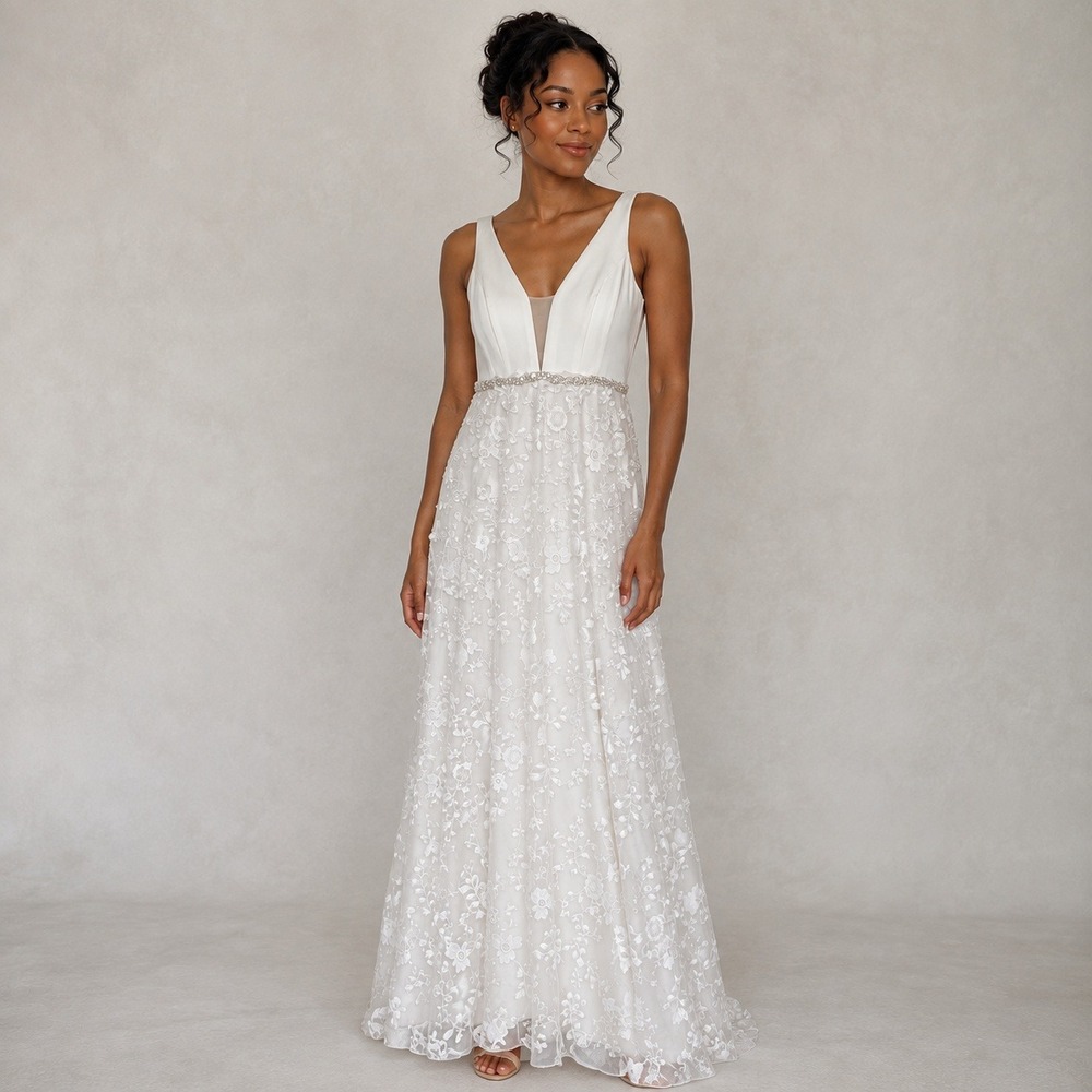 DB Studio by David's Bridal Wedding Dress 8 Ivory Floral Lace V-Neck Beaded Gown